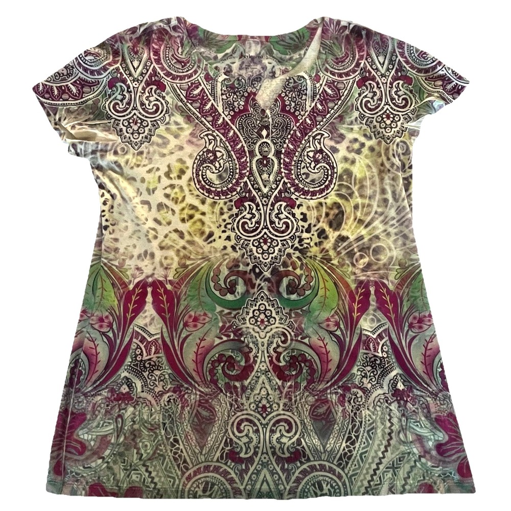 Style & Co Paisley Print T-Shirt Top L Purple Green Henley Embellished Neck Boho